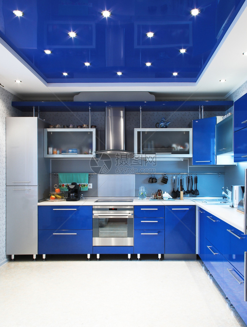 蓝色现代厨房内室内图片