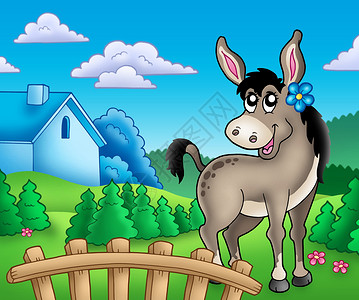 家园卡通在栅栏后面放花的驴子背景