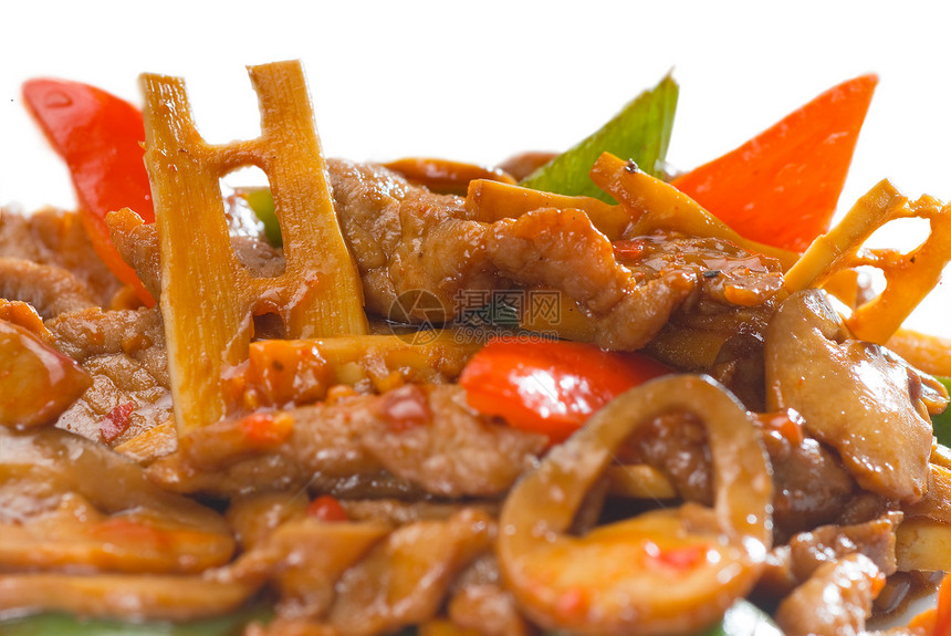 中国牛肉蔬菜和牛肉盘子绿色营养洋葱油炸竹子红色午餐黑色食物图片