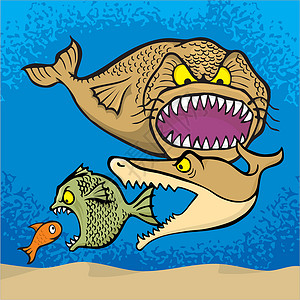 大鱼吃小鱼海洋生物牙齿卡通片插图插画