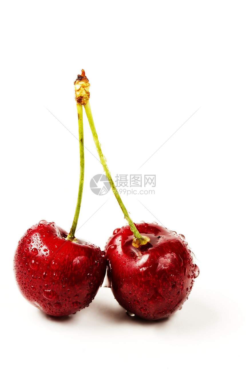两个湿樱桃白色浆果绿色食物红色水果甜点饮食图片