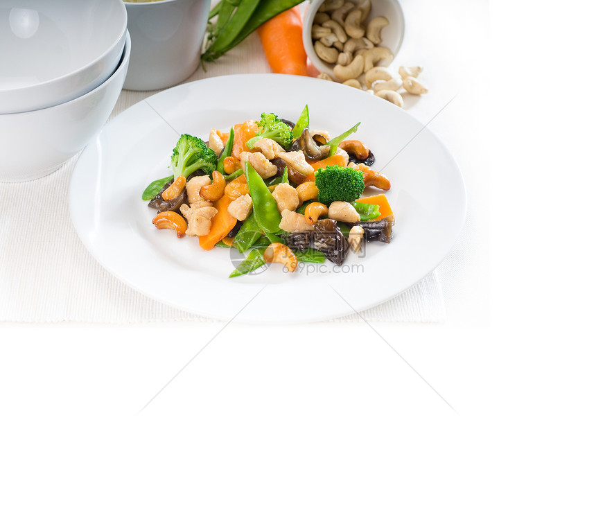 鸡肉和蔬菜美食食物营养腰果白色午餐健康盘子豆子洋葱图片