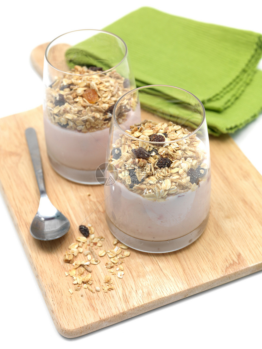 健康早餐食物营养酸奶微分谷物白色玻璃勺子水果图片