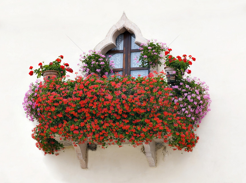 带有粉红和红花的意大利家庭阳台图片