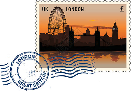 城市明信片来自伦敦的邮戳邮件天空划痕邮政邮票首都英语景观橡皮日落插画