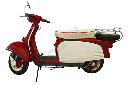 五十年代红色和白色旧车包括路径车轮车辆自行车摩托运输发动机摩托车黑色轮子背景