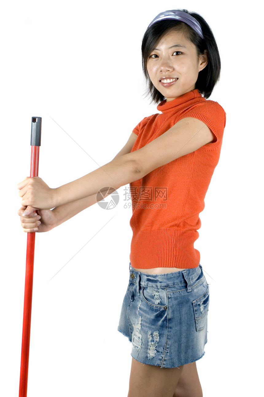 快乐的清洁女孩拖把扫帚清洁工家务女性房子工作主妇女士家庭图片