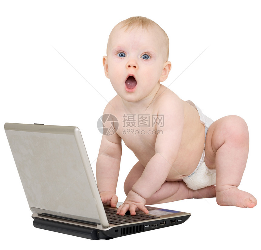 膝上型电脑婴儿笔记本女孩孩子尿布白色照片图片