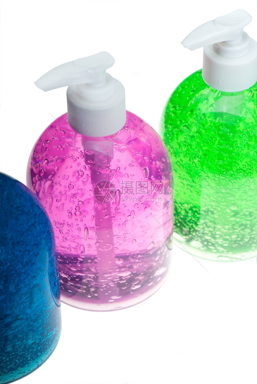 白色的发胶瓶凝胶蓝色粉色头发塑料气泡化妆品卫生绿色图片