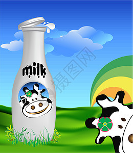 牛奶瓶与奶牛牛奶瓶卡通片小册子奶牛天空绿色插图彩虹孩子瓶子液体插画