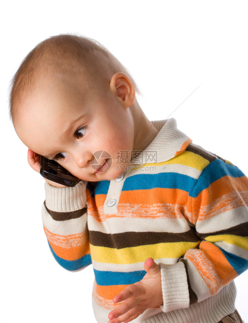 男孩在电话上说话工作室乐趣讲话教育白色男性童年快乐喜悦儿童图片