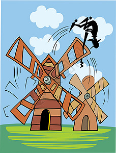 堂吉诃德Don Quixote和风力制造厂插画