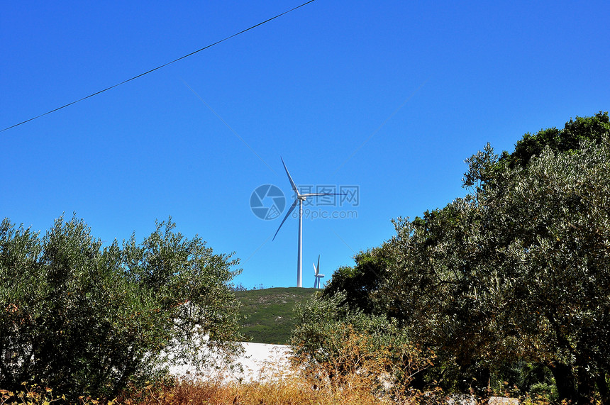 风力发电机的风景电气气体全球涡轮生态农场转子温室蓝色公园图片
