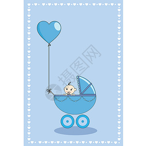婴儿宝宝生日越野车毯子婴儿车框架运输邀请函生活新生蓝色背景图片