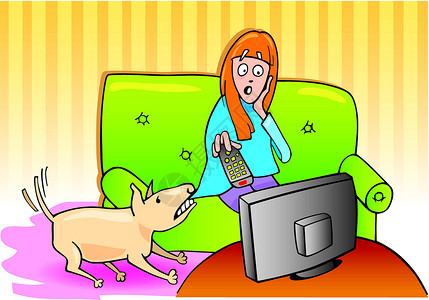 狗和女童手表插图艺术卡通片沙发女孩房间漫画电视青少年背景图片