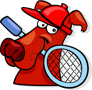 网球帽用网球拍打的狗狗插画