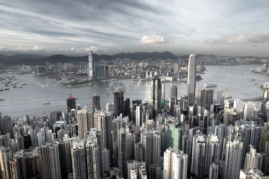 香港市饱和程度低港口建筑学城市海洋旅行天空住宅市中心摩天大楼风景图片