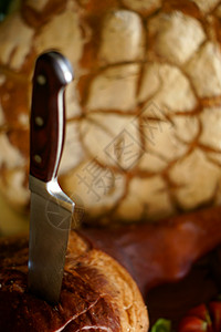 农房餐桌奢华刀具农家食物水果桌子火腿背景图片