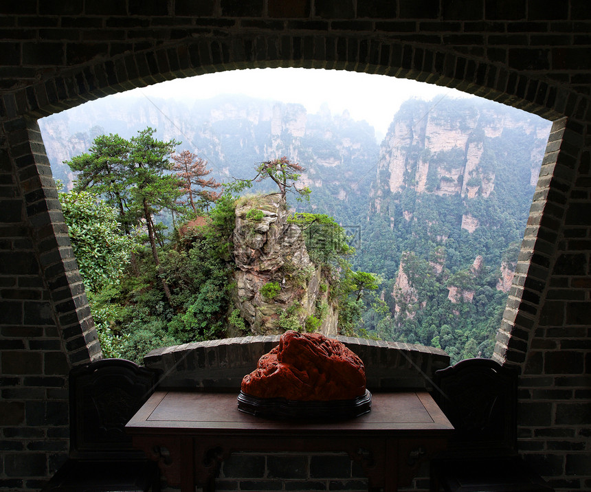 中国的张积洁国家公园悬崖国家柱子公园框架丘陵天空山脉山谷绿色图片