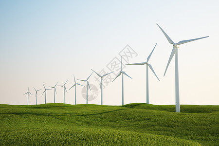 绿草地上的风风涡轮机涡轮天空转子爬坡天堂计算机发电机活力滚动风车背景图片
