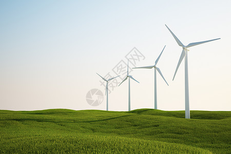 绿草地上的风风涡轮机地平线计算机活力草地刀片滚动环境发电机力量转子背景图片