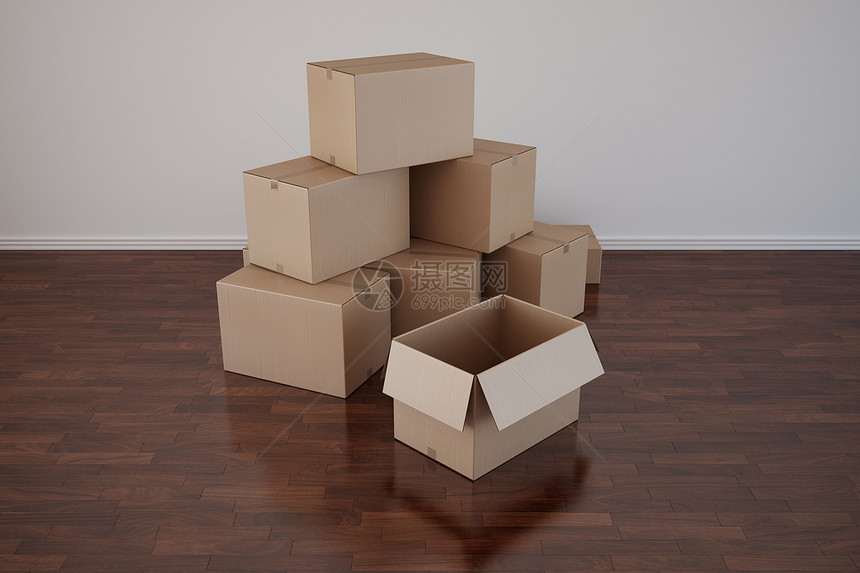 黑地板空房间的纸板箱贮存运输木板纸盒盒子木头棕色卡片包装货运图片
