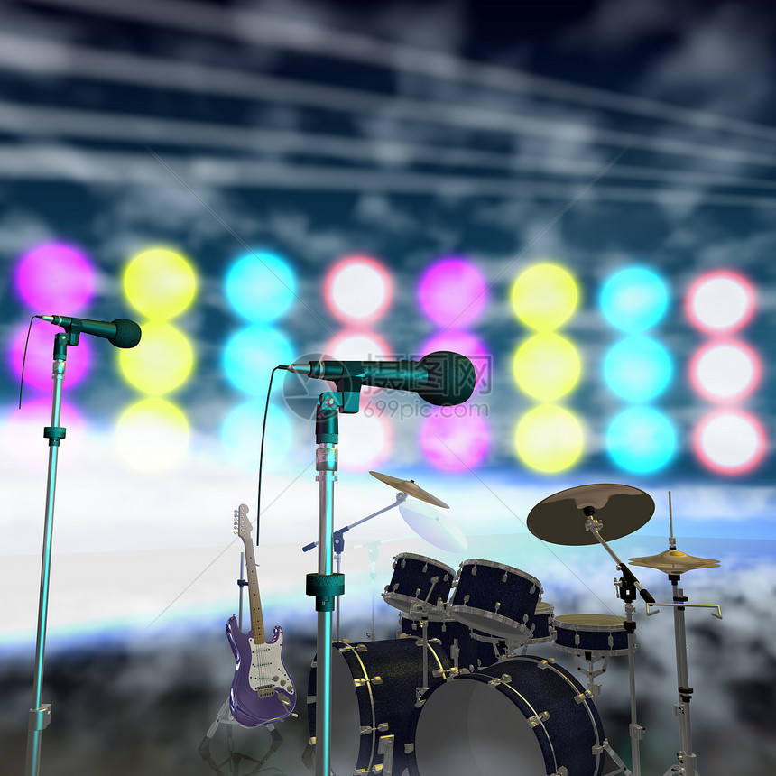 音乐舞台上的乐器灯光水平流行音乐岩石红色蓝色金属黄色戏剧艺术家图片