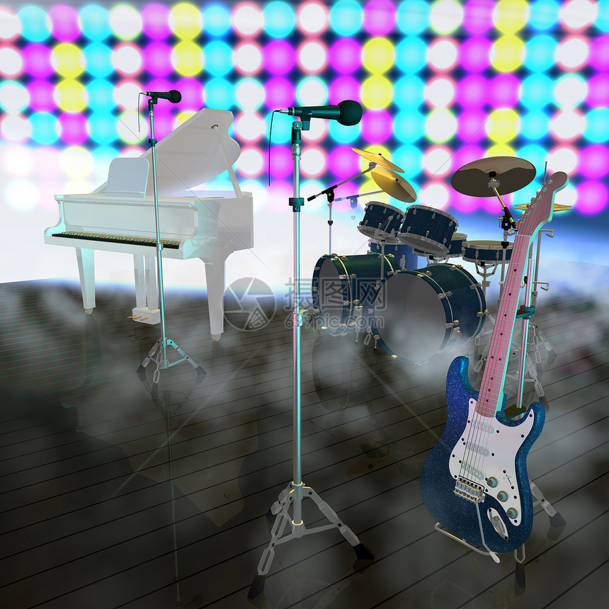 音乐舞台上的乐器三角钢琴灯光艺术家麦克风乐队剧院紫色蓝色音乐会图片