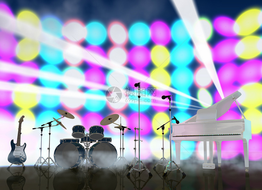音乐舞台上的乐器音乐会流行音乐灯光麦克风蓝色唱歌风头吉他紫色艺术家图片