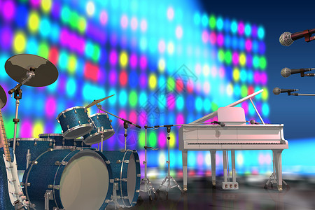 音乐舞台上的乐器蓝色流行音乐紫色娱乐麦克风艺术家岩石聚光灯三角唱歌背景图片
