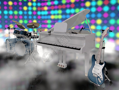 一架鼓音乐舞台上的乐器音乐会岩石唱歌三角紫色麦克风乐队聚光灯金属艺术家背景