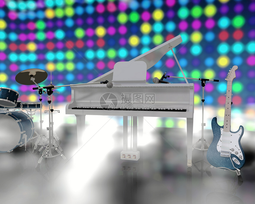 音乐舞台上的乐器三角风头艺术家音乐会乐队岩石吉他钢琴聚光灯金属图片