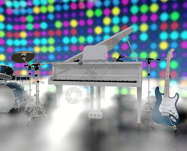 一架鼓音乐舞台上的乐器三角风头艺术家音乐会乐队岩石吉他钢琴聚光灯金属背景