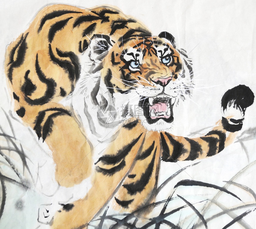 带有老虎形象的中国绘画艺术作品动物艺术品遗产毛笔文化图片