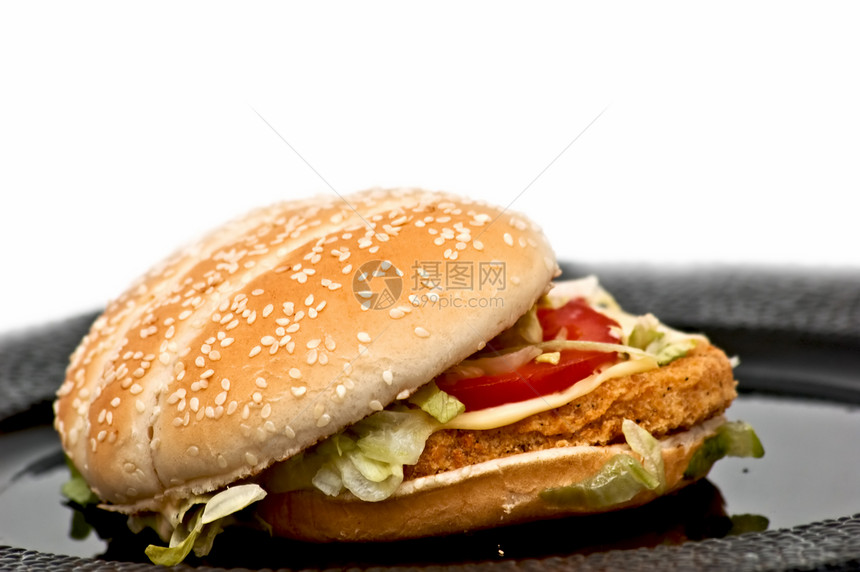 鸡汉堡午餐包子食物小吃蔬菜油炸洋葱盘子芝麻营养图片