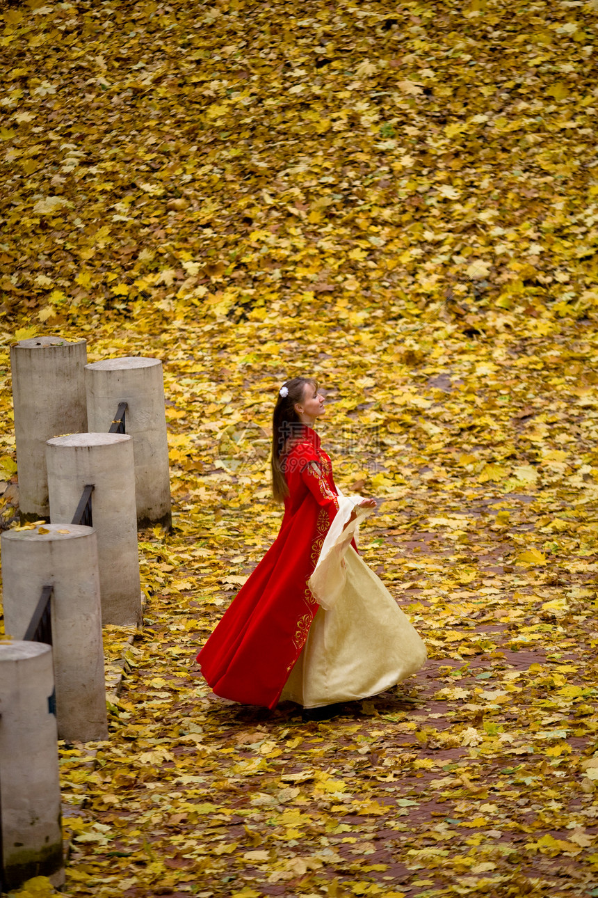 秋天森林中的淑女衣服戏服头发女性仙境裙子黄色神话邮政白色图片