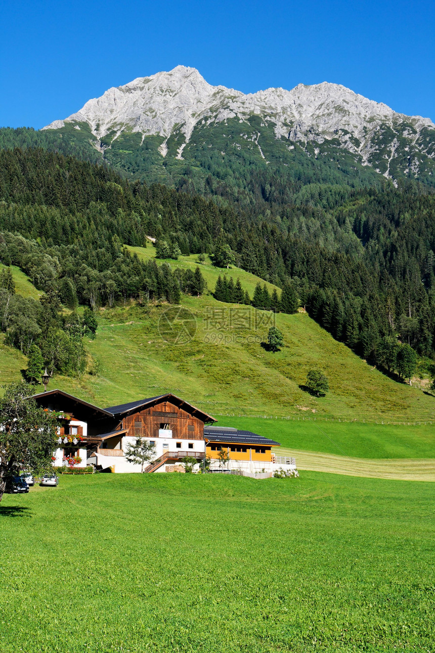 山下阿尔卑斯山的花棚和草地蓝色小木屋森林天空村庄谷仓农村房屋绿色丘陵图片
