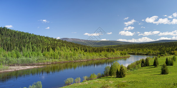 夏月风景 维谢拉河 乌拉尔山 全景高清图片