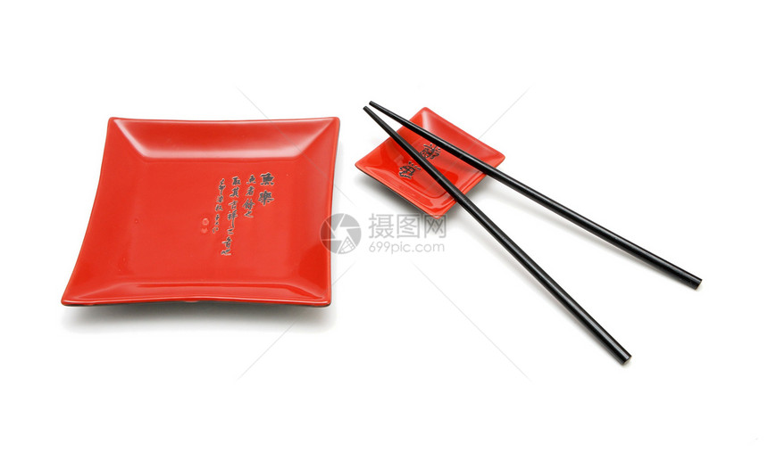 筷子 红方盘和红碟图片