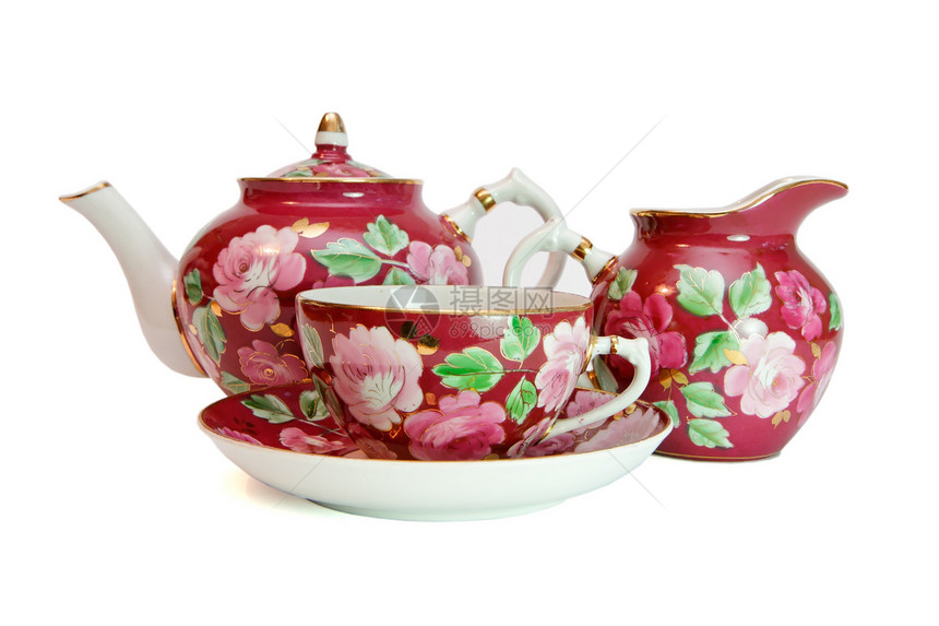与植物型式隔离的老式茶茶服务花朵玫瑰金子菜肴白色茶壶杯子飞碟餐具陶器图片