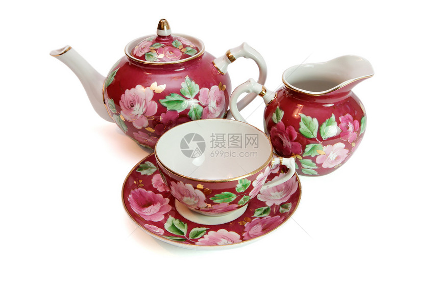 与植物型式隔离的老式茶茶服务飞碟杯子金子花朵水壶玫瑰餐具陶器茶壶盘子图片