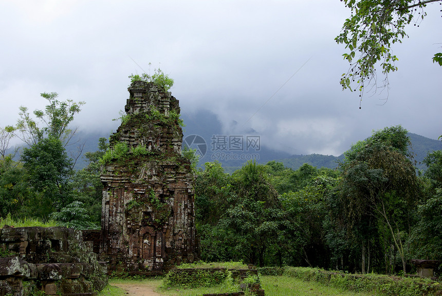 红草植被中的查姆废墟旅行绿色寺庙石头雕塑天空文明植物图片