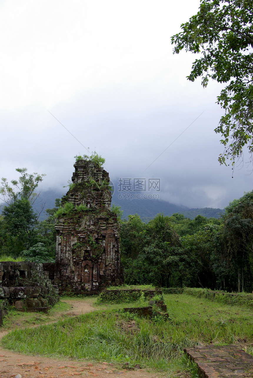 红草植被中的查姆废墟寺庙雕塑植物旅行石头文明绿色天空图片