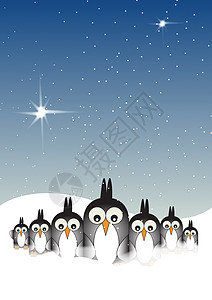 白雪企鹅星星程式化天空插图绘画季节性蓝色背景图片