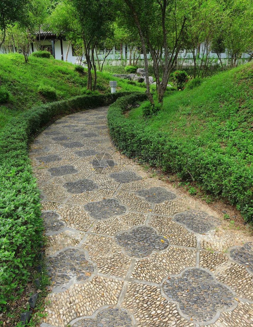 在中国花园中的中文本路径脚步人行道绿化农村园林沉思小路曲线草地公园图片