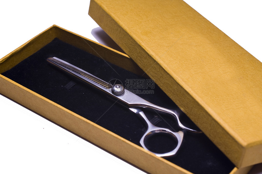 理发师工作专用剪刀剪子黑色发型工具盒子宏观理发美容师金属造型师图片