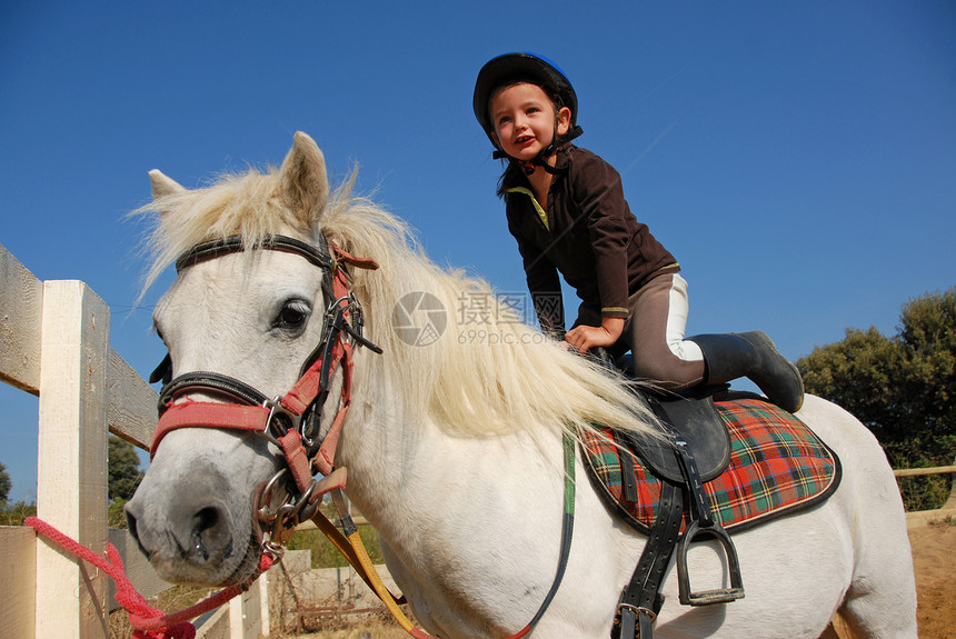 女童和沙特兰骑术天空女孩白色微笑小马动物幸福头盔马背图片