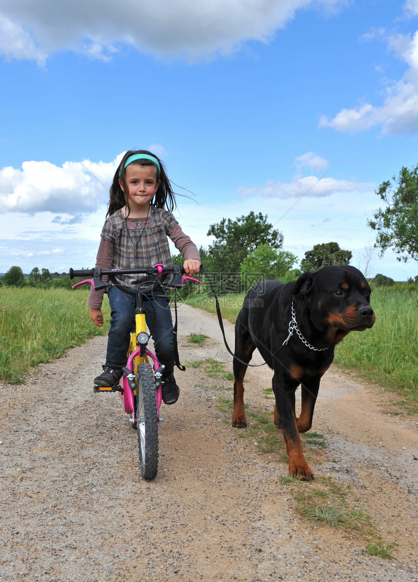 小女孩和她的狗犬类女孩运动微笑幸福朋友白色自行车活动宠物图片