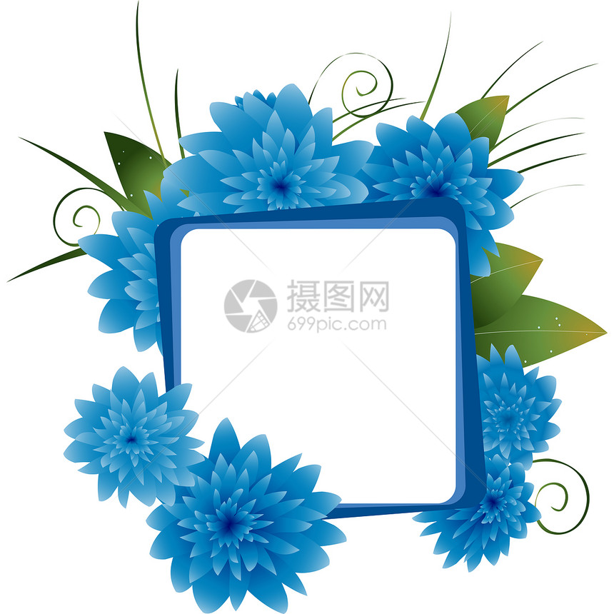 蓝色花花叶子艺术装饰绿色插图白色空白风格图片
