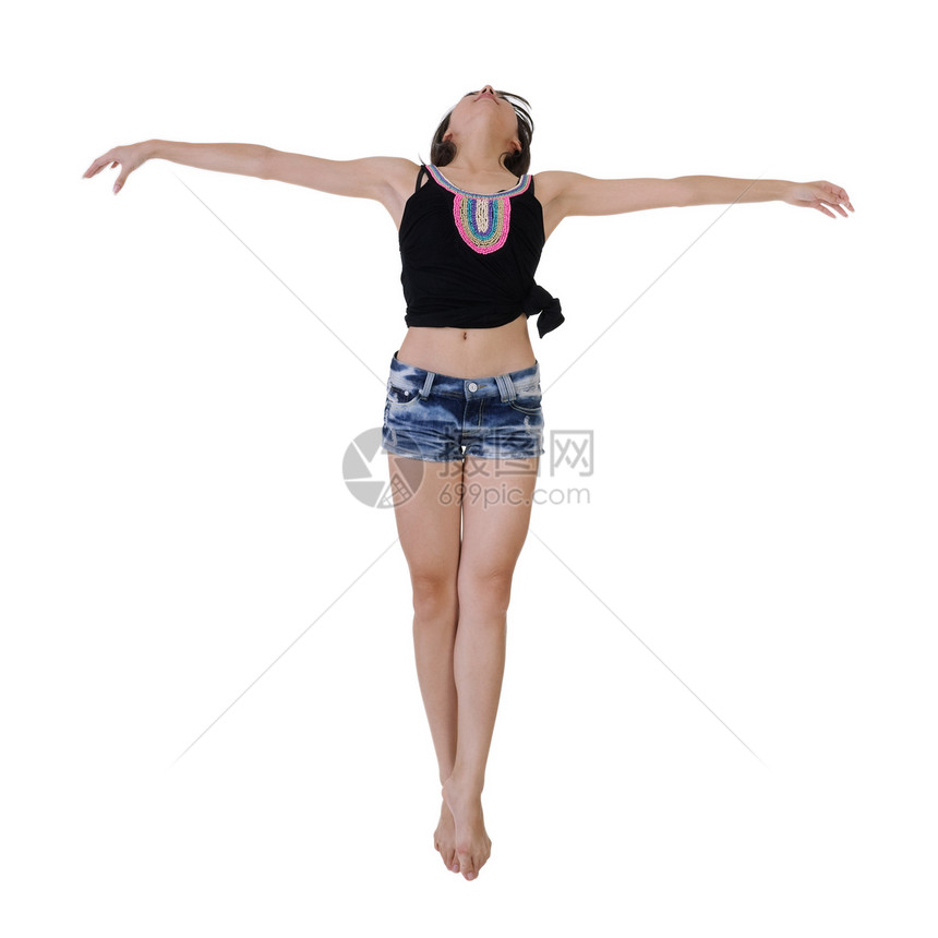 跳跃女性化外貌白色女性女孩姿势飞跃工作室成人行动图片